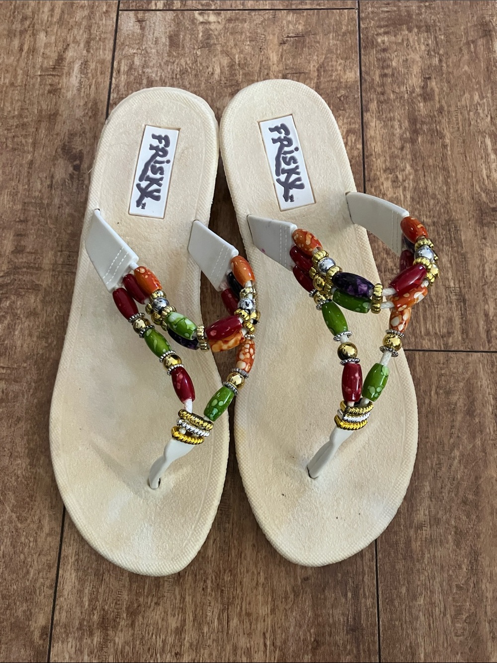 White Beaded Thong Sandals with Multicolor Accent